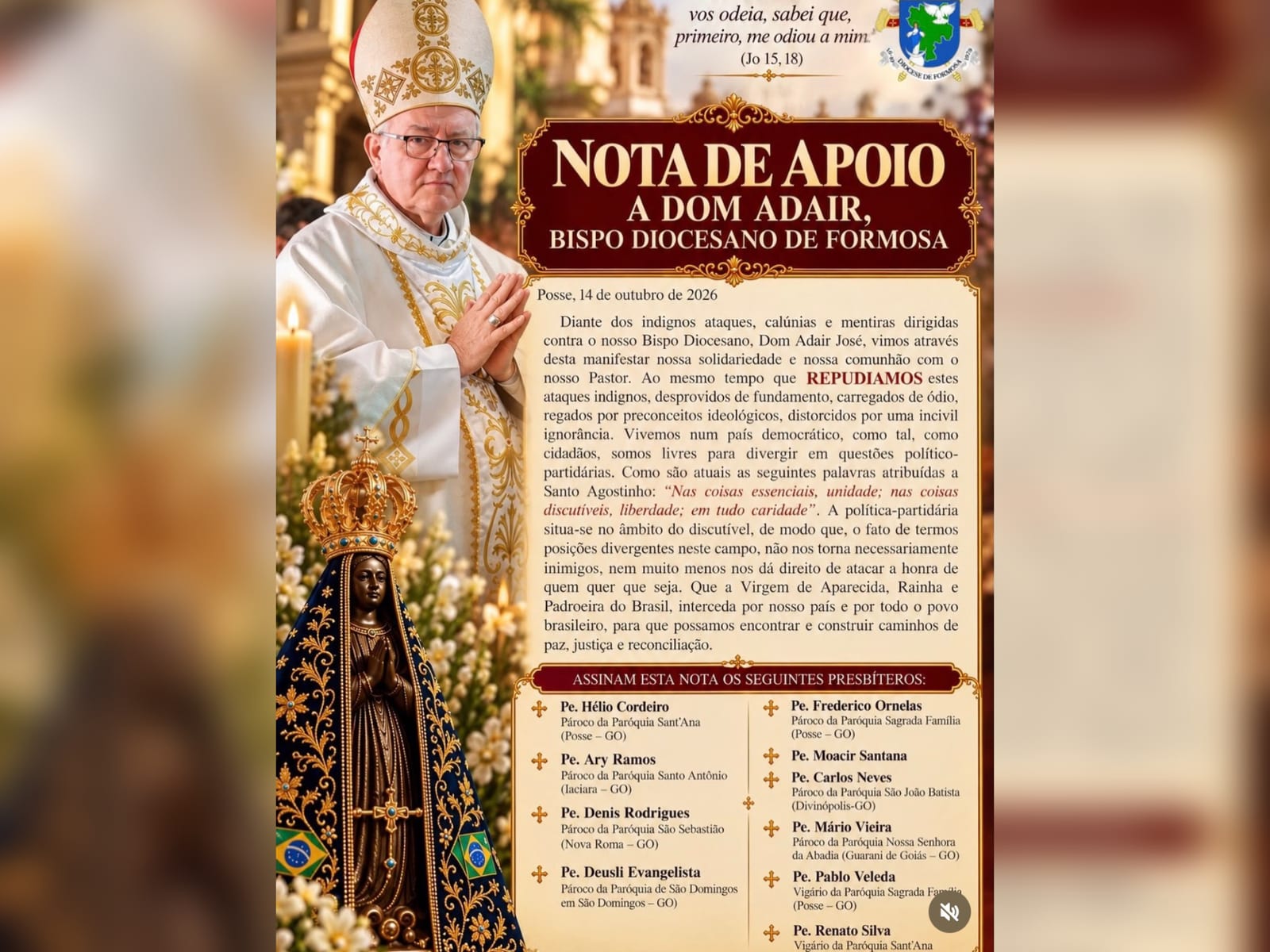 Padres divulgam nota de apoio a Dom Adair José após ataques nas redes sociais