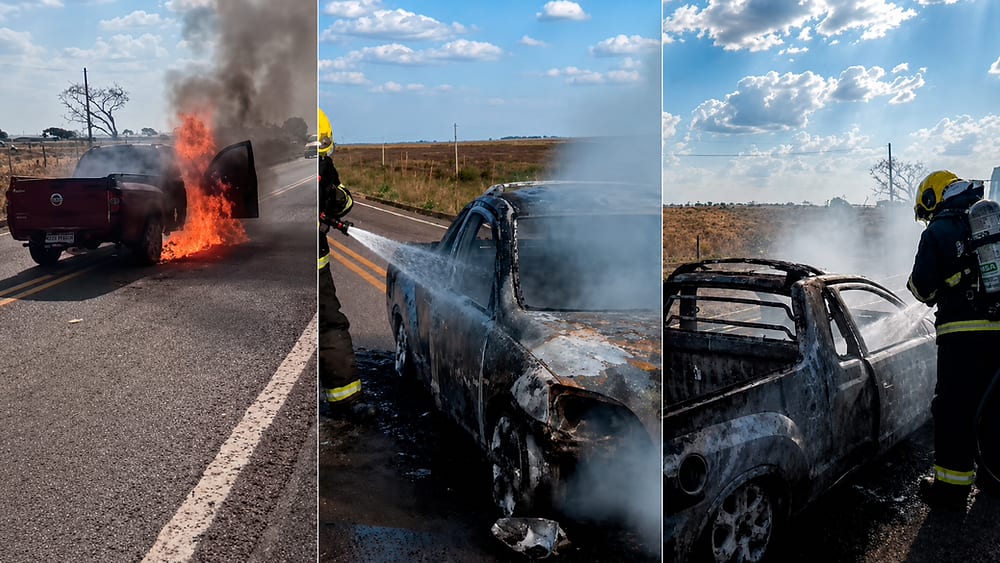 Pai e filha escapam ilesos após carro pegar fogo e ser destruído na BR-235, entre os municípios de Guaraí-TO e Pedro Afo