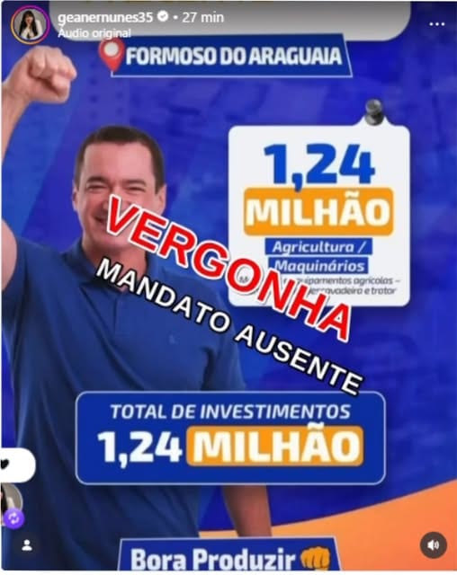 Post em Formoso do Araguaia questiona valor de emendas do deputado Alexandre Guimarães