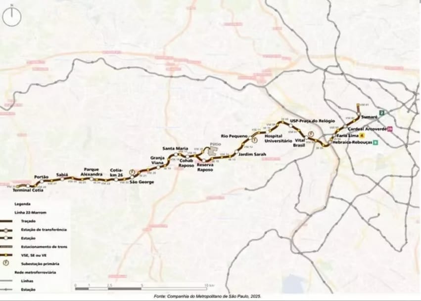 Linha 22-Marrom: Metrô vai realizar audiências públicas para implantação da linha entre Cotia, Osasco e SP