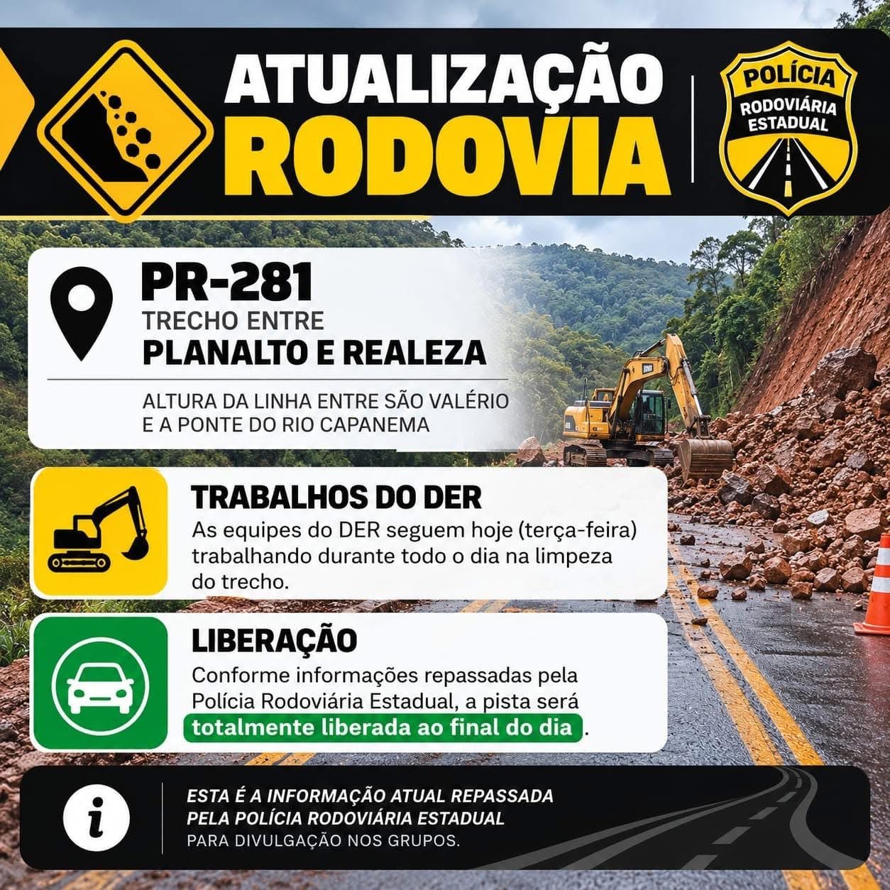 PR-281 entre Planalto e Realeza deve ser totalmente liberada após trabalhos de limpeza