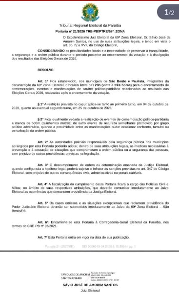 Justiça manda festas eleitorais acabarem às 23h em Paulista e São Bento (PB)