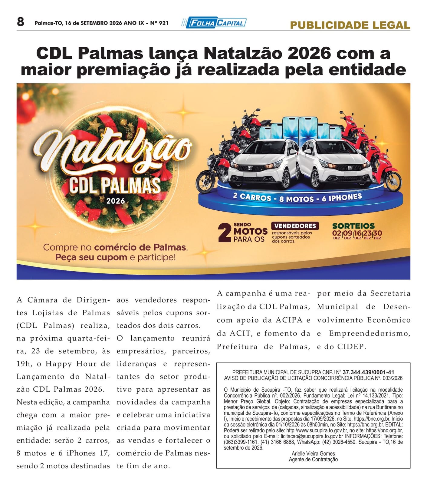 Prefeitura de Sucupira publica aviso de licitação pública