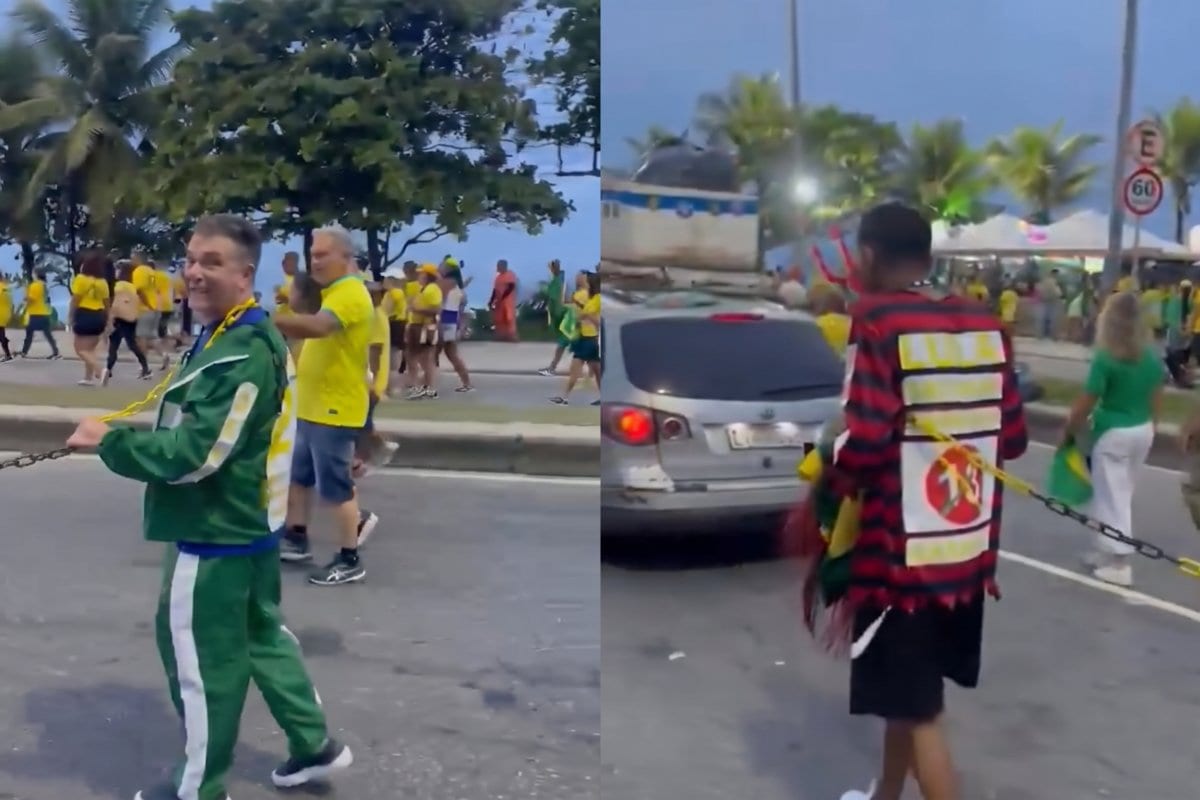 Apoiador de Flávio Bolsonaro desfila com homem negro acorrentado; assista