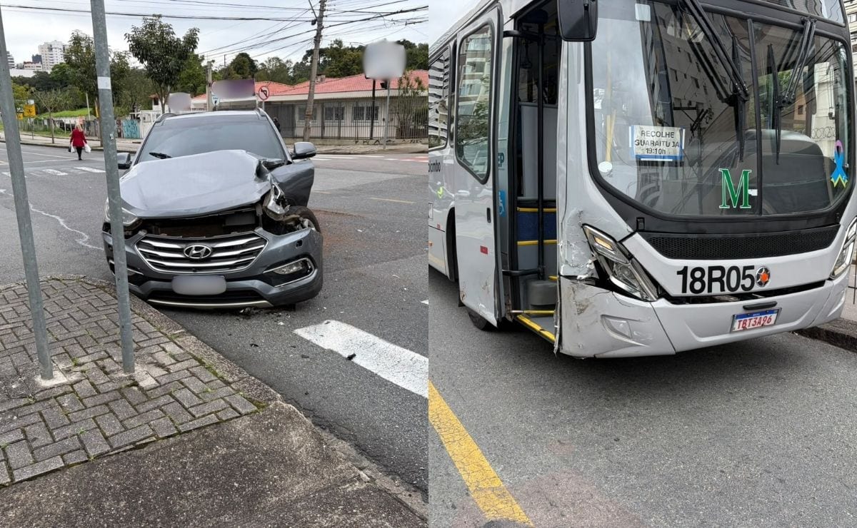 Colisão entre ônibus e carro deixa motorista ferida no Cabral, em Curitiba