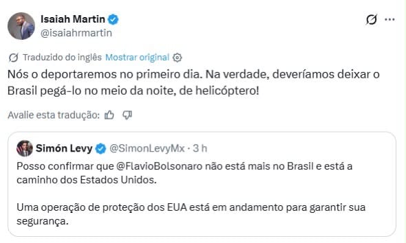 “Nós vamos deportá-lo no primeiro dia”, diz Crítico de Trump que defende deportação de Flávio Bolsonaro dos EUA