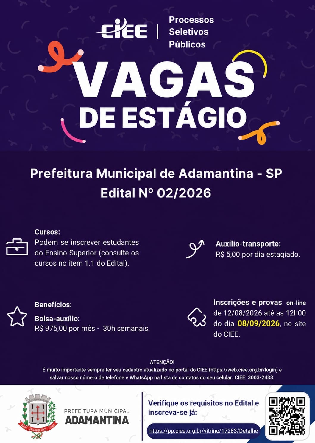 Prefeitura de Adamantina divulga processo seletivo com inscrições e provas on-line