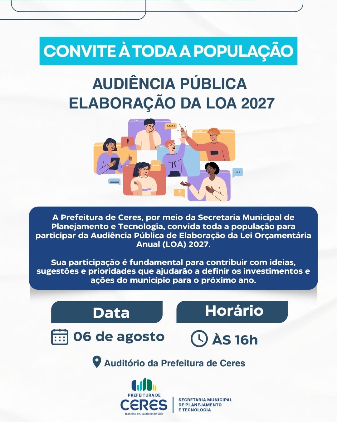 Ceres fará audiência pública sobre a LOA 2027 nesta quinta (06)