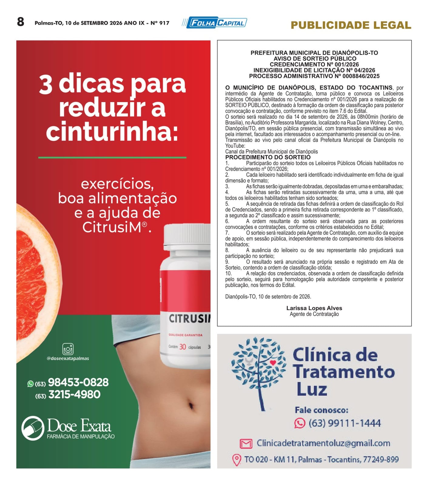 Dianópolis convoca leiloeiros para sorteio público (Cred. 001/2026)