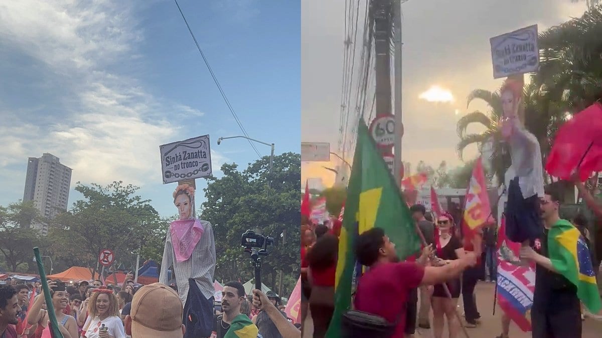Petistas chicoteiam boneco de Júlia Zanatta com placa “Sinhá Zanatta no tronco” em ato por Lula em Goiás