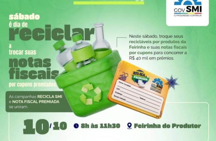 Recicla SMI terá nova edição neste sábado (10) com troca de recicláveis e notas fiscais