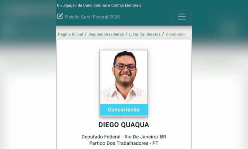 Diego Quaquá tem registro como candidato a deputado federal pelo Rio