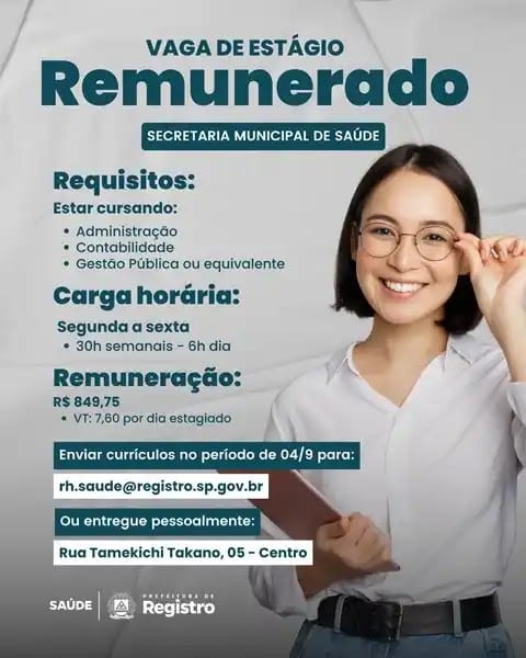 Oportunidade de Estágio Renumerado em Registro-SP