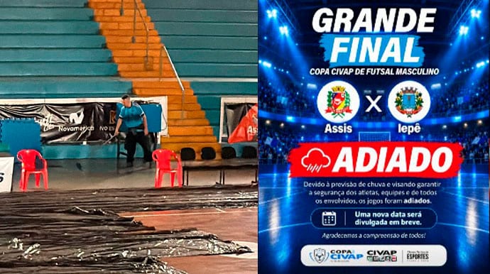 Chuva adia final da Copa CIVAP de Futsal no Jairão por causa de goteiras; jogo seria entre Assis e Iepê