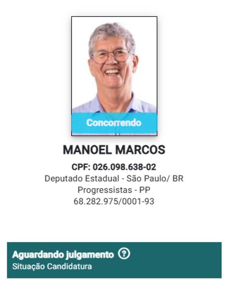 Registro de Manoel Marcos (PP) segue 'aguardando julgamento'