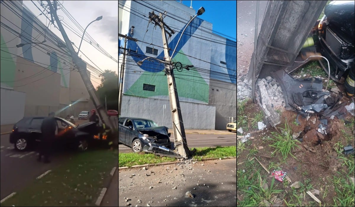 Carro derruba poste e interdita Avenida Washington Luiz em Presidente Prudente