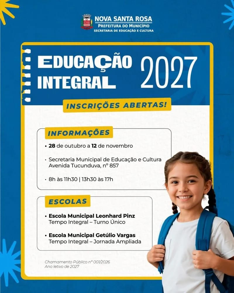 Secretaria de Educação de Nova Santa Rosa abre inscrições para Educação Integral em 2027