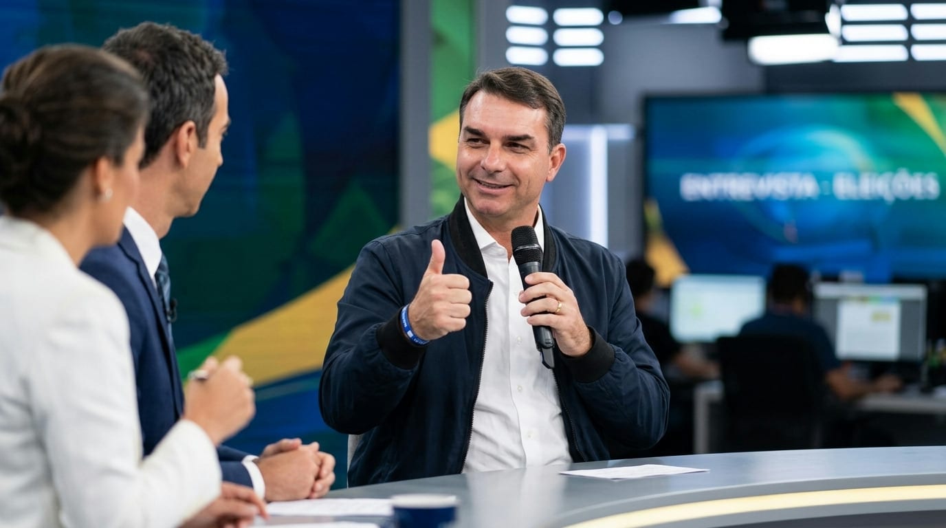 Flávio Bolsonaro participa de rodada de entrevistas com Renata Vasconcellos e César Tralli