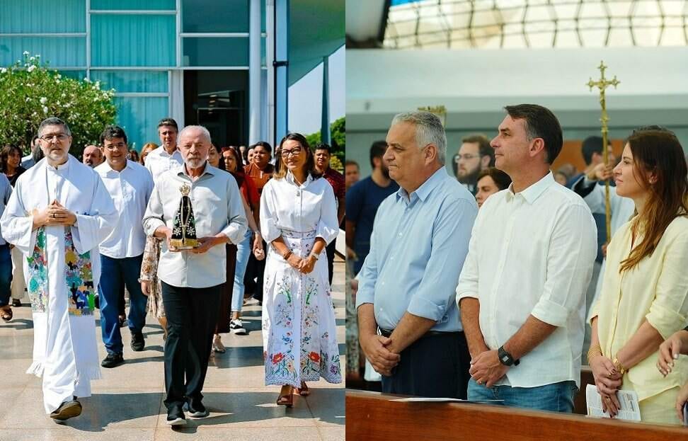 Flávio Bolsonaro leva campanha à missa da Padroeira e Lula fica no Alvorada