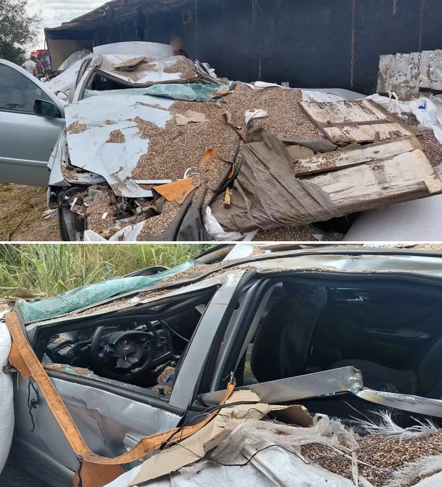 Vice-prefeito de Nova Castilho e esposa ficam feridos após caminhão tombar sobre carro