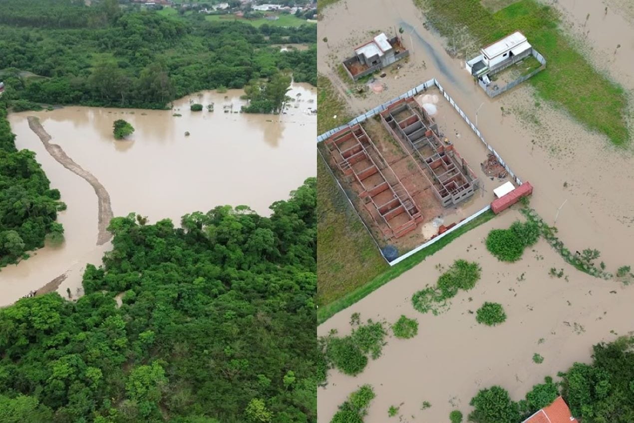 Imagem aérea mostra áreas alagadas após cheia do Rio Guareí no interior de SP