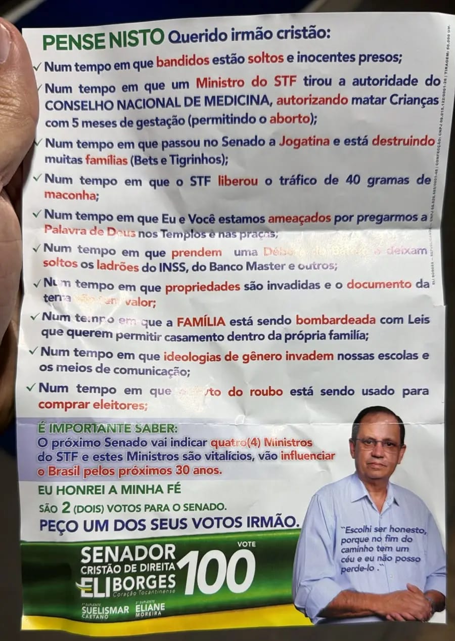 Eli Borges distribui panfleto religioso com pautas conservadoras