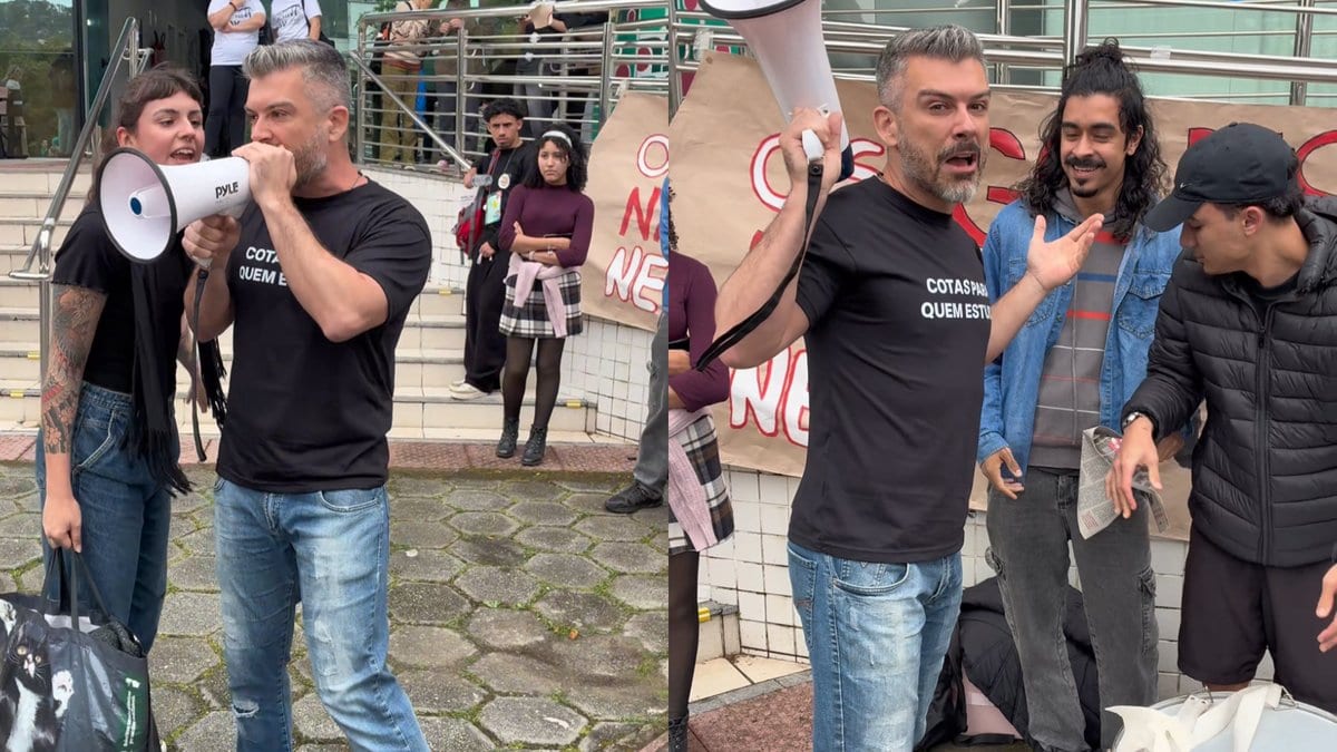 Autor da ação, Bruno Souza, é cercado em protesto na Udesc por cotas suspensas