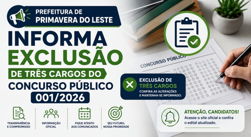 Prefeitura de Primavera do Leste informa exclusão de três cargos do Concurso Público 001/2026