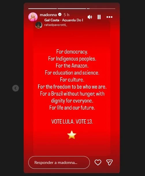 Madonna e Bella Hadid declaram apoio a Lula: ‘Vote 13’