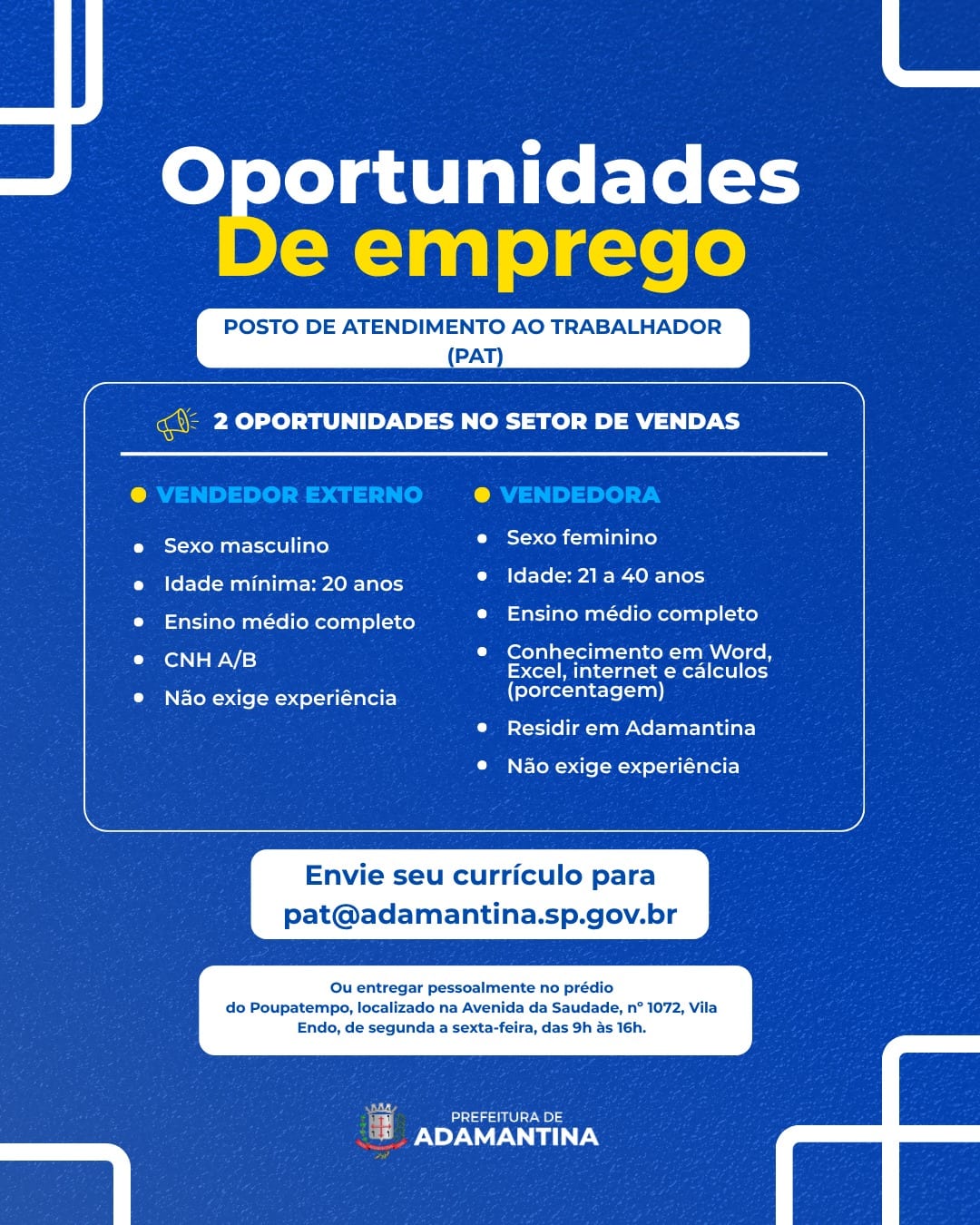 PAT de Adamantina divulga vagas para vendedor e vendedora