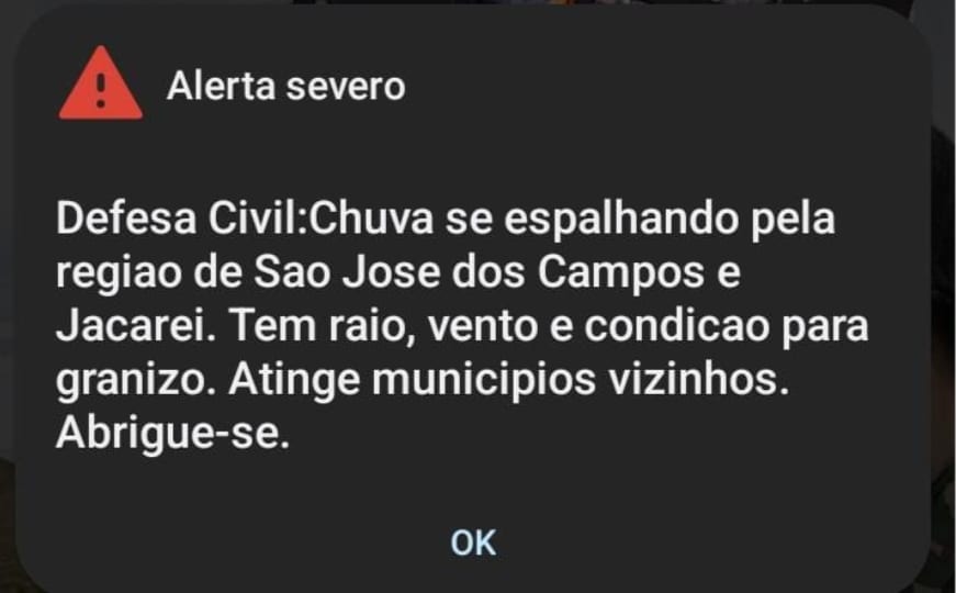 Defesa Civil emite alerta severo para São José dos Campos, Jacareí, Caçapava, Taubaté e região por chuva, raios, vento f