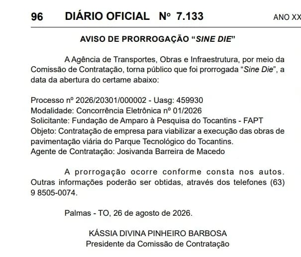 Ageto adia por prazo indeterminado licitação de R$ 18,6 milhões para Parque Tecnológico do Tocantins