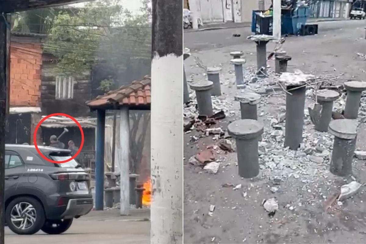 Vídeo mostra PM destruindo bancos e mesas na Praça José Lamacchia, em Santos