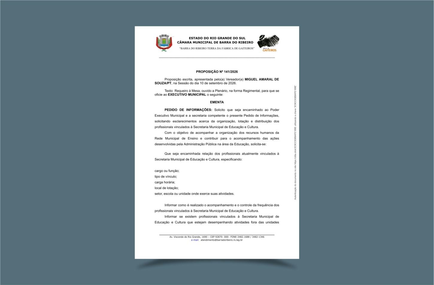 Vereador Miguel pede ao Executivo relação completa de servidores da Educação