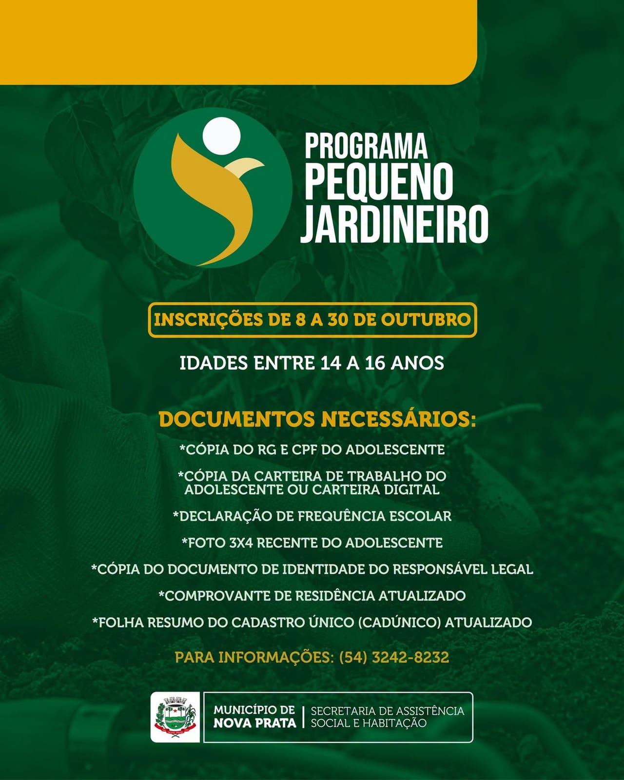 Programa Pequeno Jardineiro está com inscrições abertas para adolescentes em Nova Prata