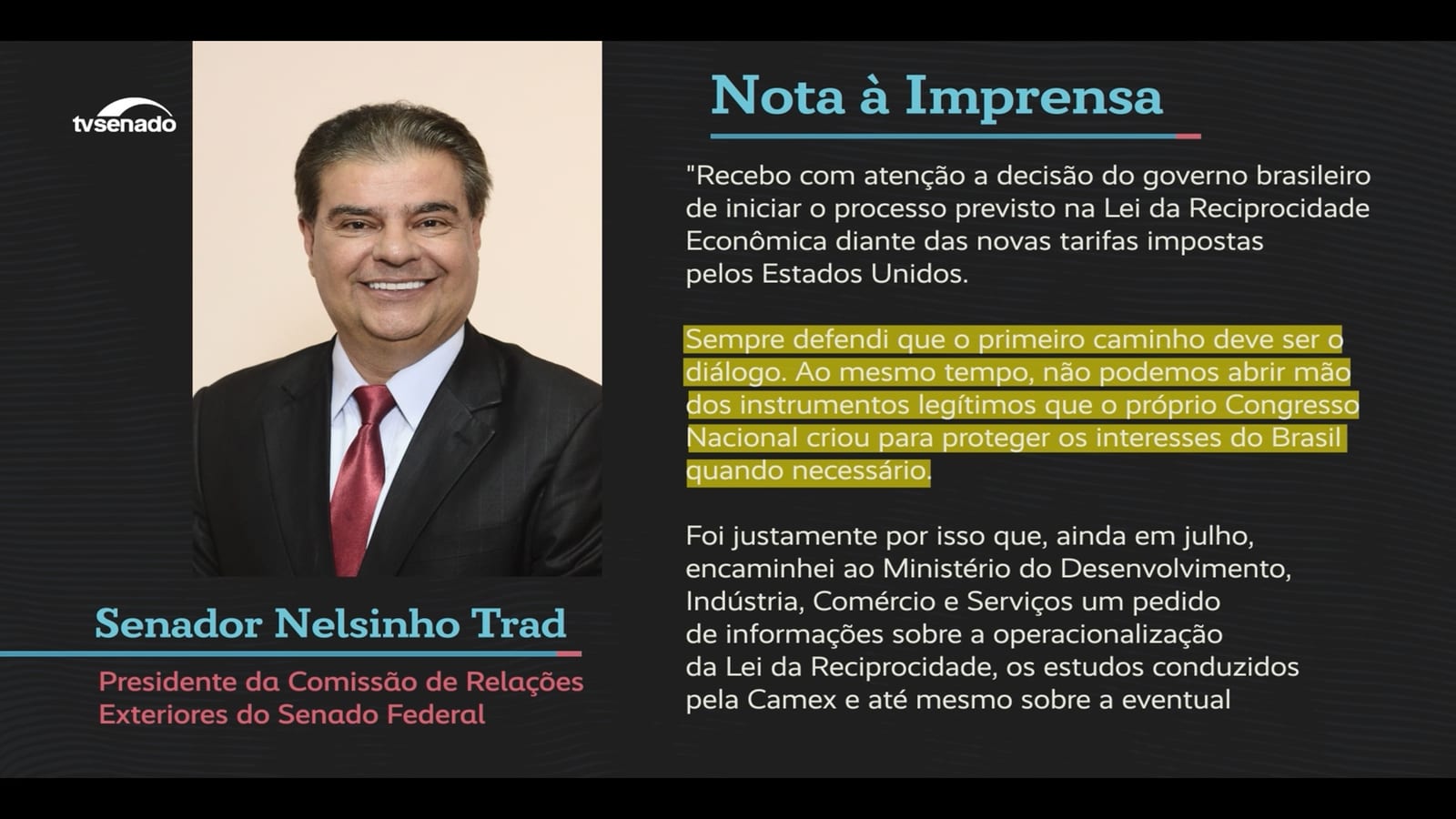 Nelsinho Trad pede negociação com os EUA antes do 'tarifaço'