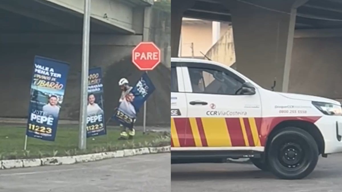 Equipe da CCR remove bandeiras de candidato sob viaduto da BR-101 em Tubarão