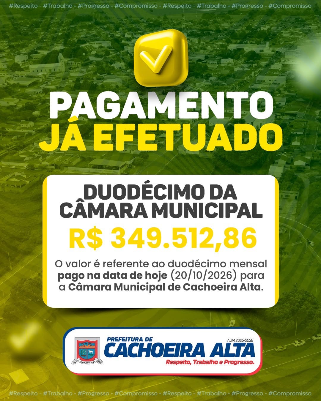 Prefeitura de Cachoeira Alta paga duodécimo de R$ 349.512,86 à Câmara