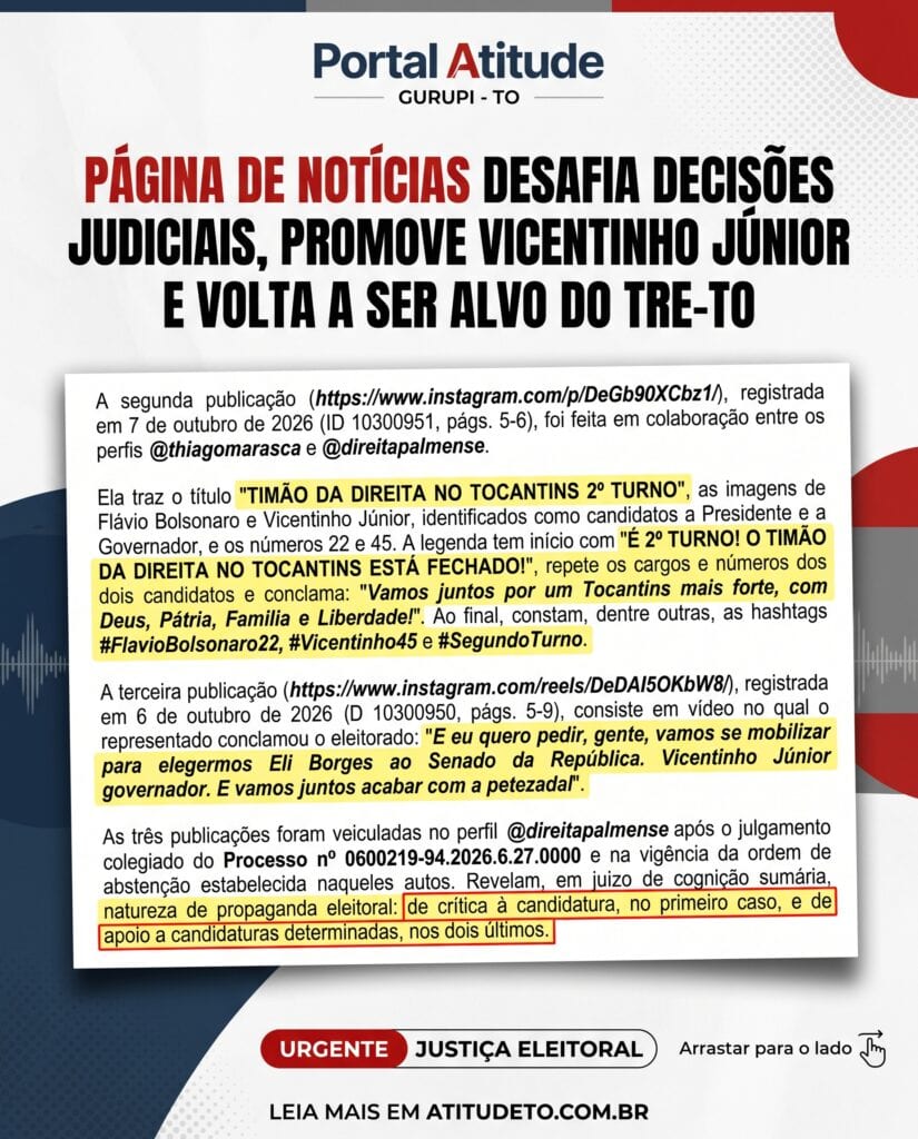 Página de notícias desafia decisões judiciais, promove Vicentinho Júnior e volta a ser alvo do TRE-TO