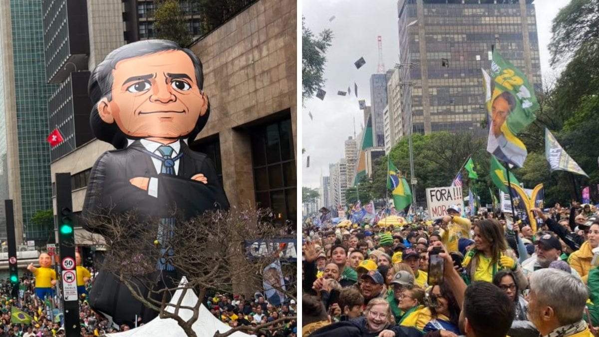 Boneco inflável de André Mendonça chama atenção na Paulista no 7 de Setembro