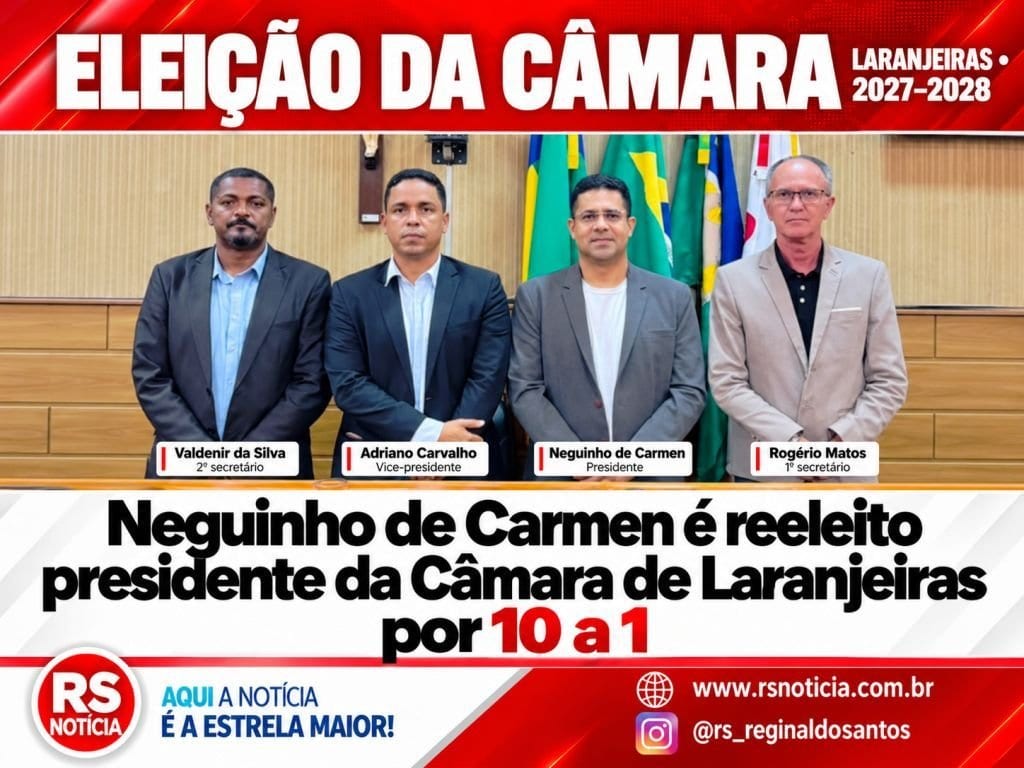 Neguinho de Carmen é reeleito presidente da Câmara de Laranjeiras por 10 a 1