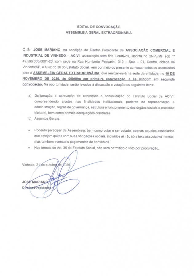 VINHEDO: Edital de Convocação de Assembleia Geral Extraordinária – ACIVI