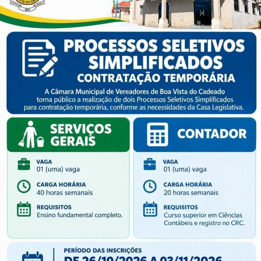 Câmara de Boa Vista do Cadeado abre inscrições para processo seletivo