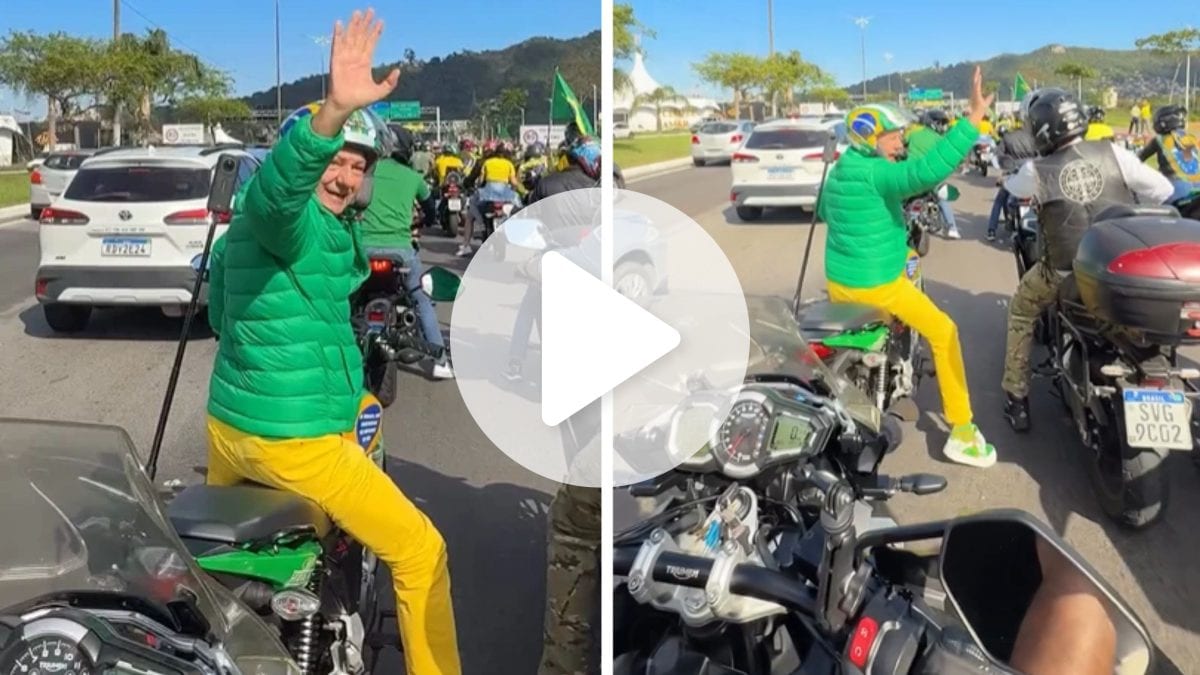Luciano Hang chega a motociata de Flávio Bolsonaro em Florianópolis com a 'Moto Patriota'