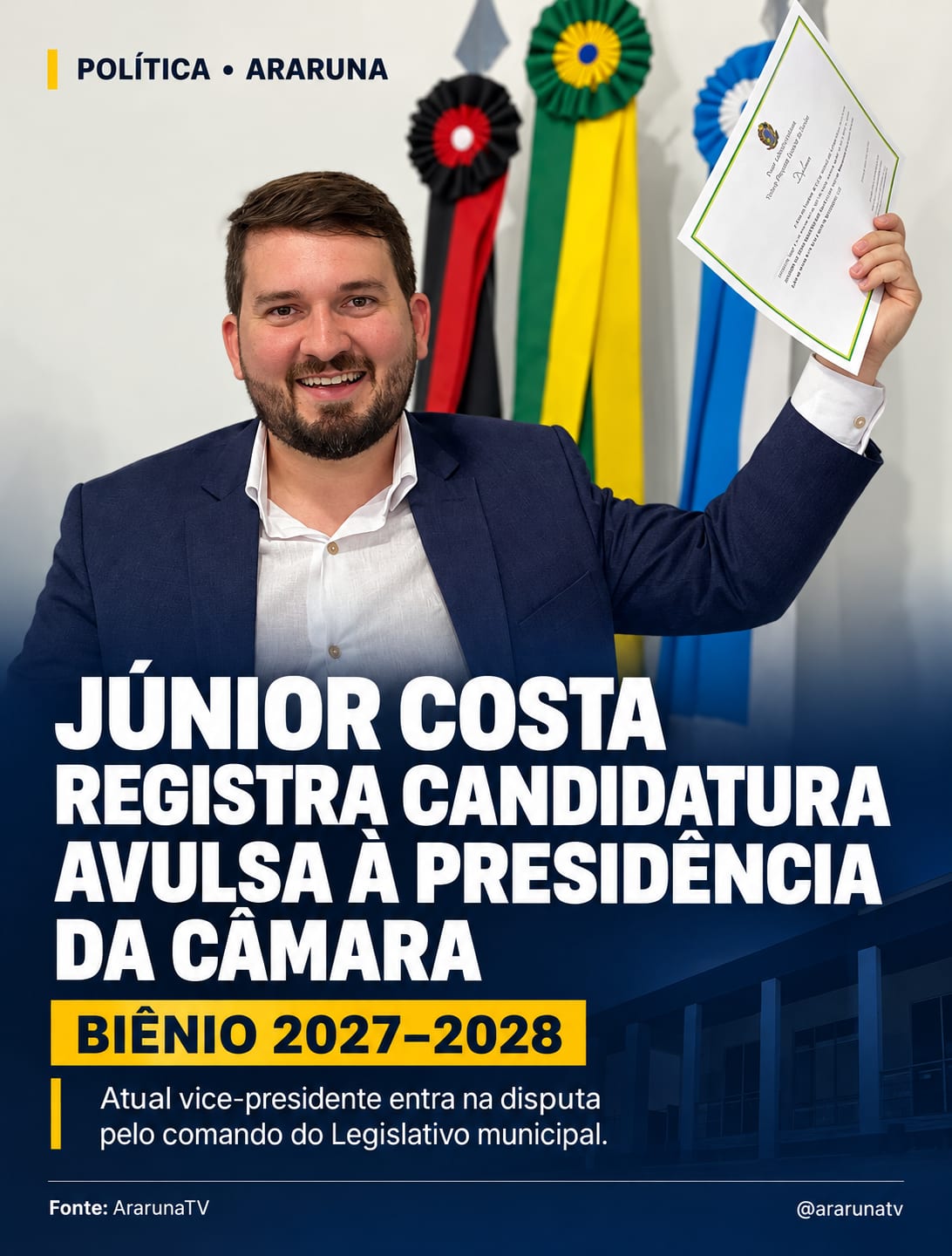 Júnior Costa registra candidatura avulsa à presidência da Câmara de Araruna para o biênio 2027–2028