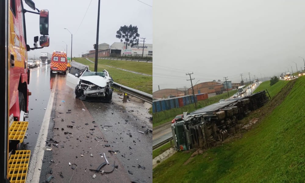 Mulher fica ferida após colisão entre caminhão e Corolla na BR-116, em Mafra