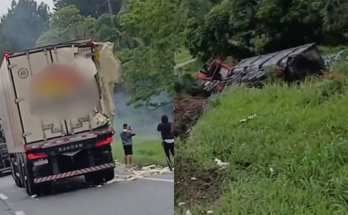 Acidente entre duas carretas e dois carros interdita parcialmente a BR-116 após veículo tombar em barranco; vídeo