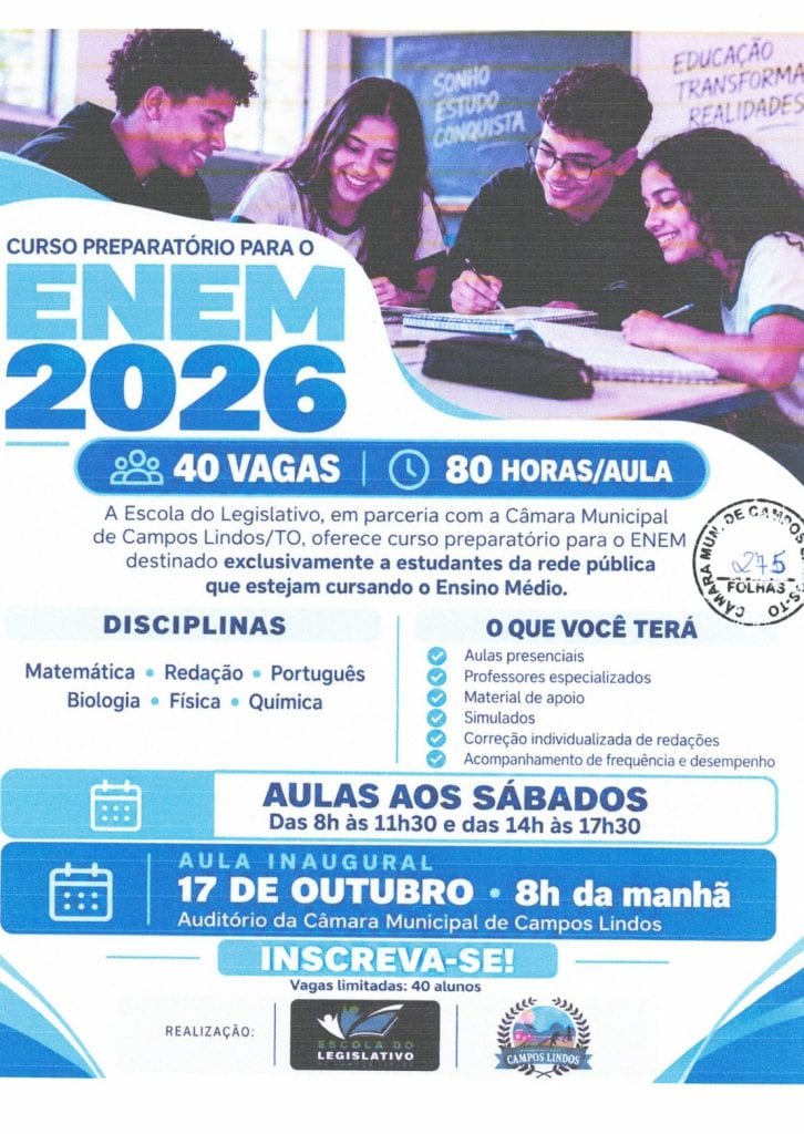 Câmara oferece curso preparatório gratuito para o Enem a 40 estudantes da rede pública