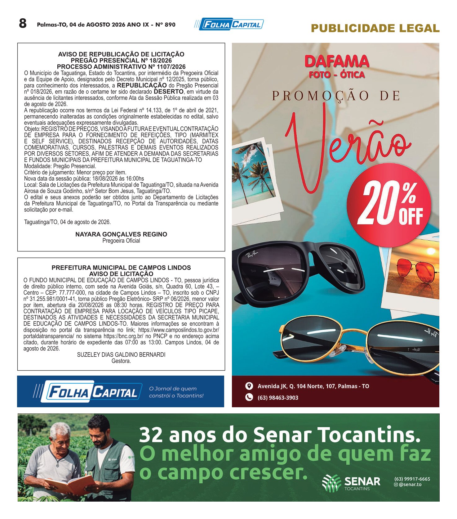 Taguatinga (TO) republica o Pregão Presencial nº 018/2026