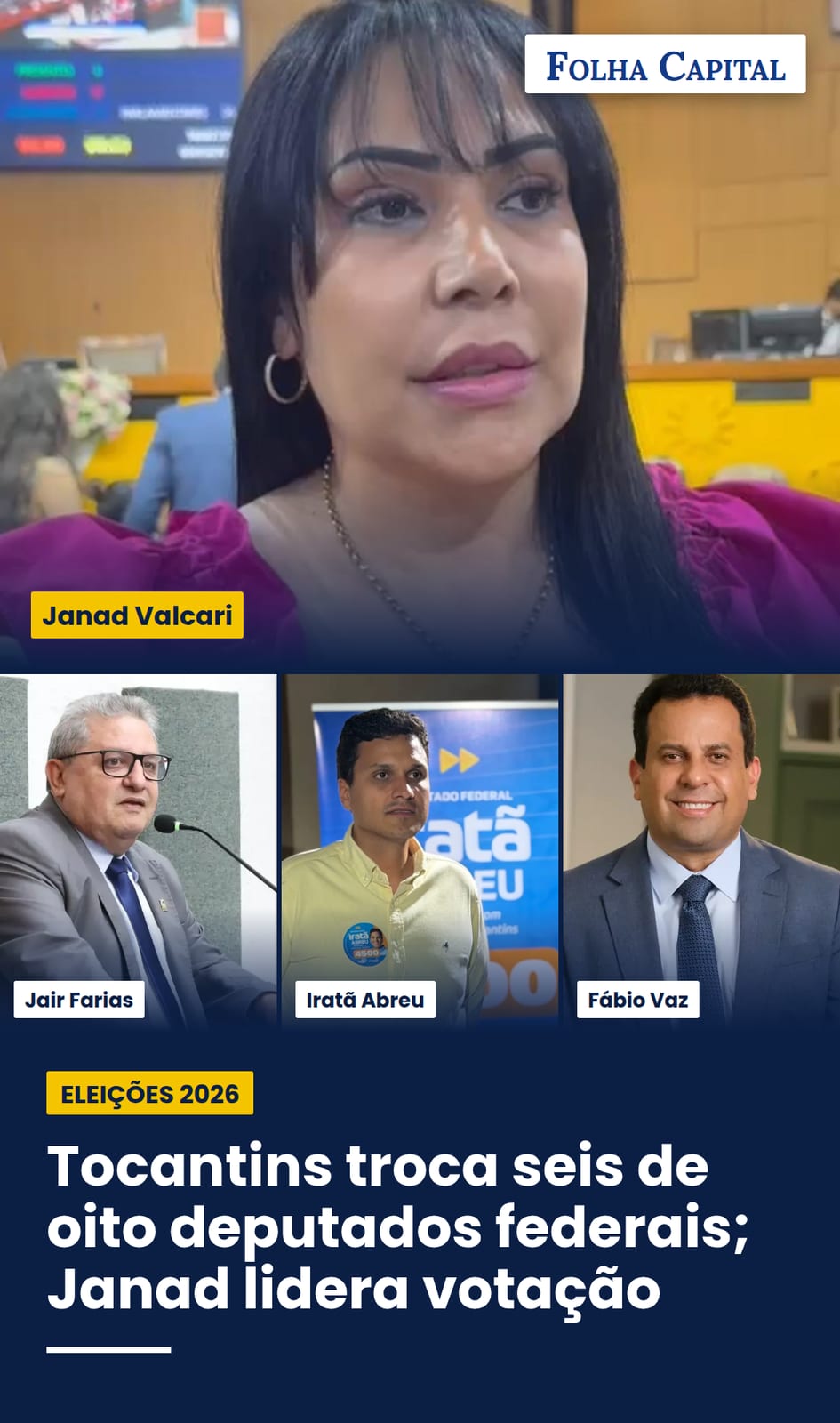 Tocantins troca seis de oito deputados federais; Janad lidera votação